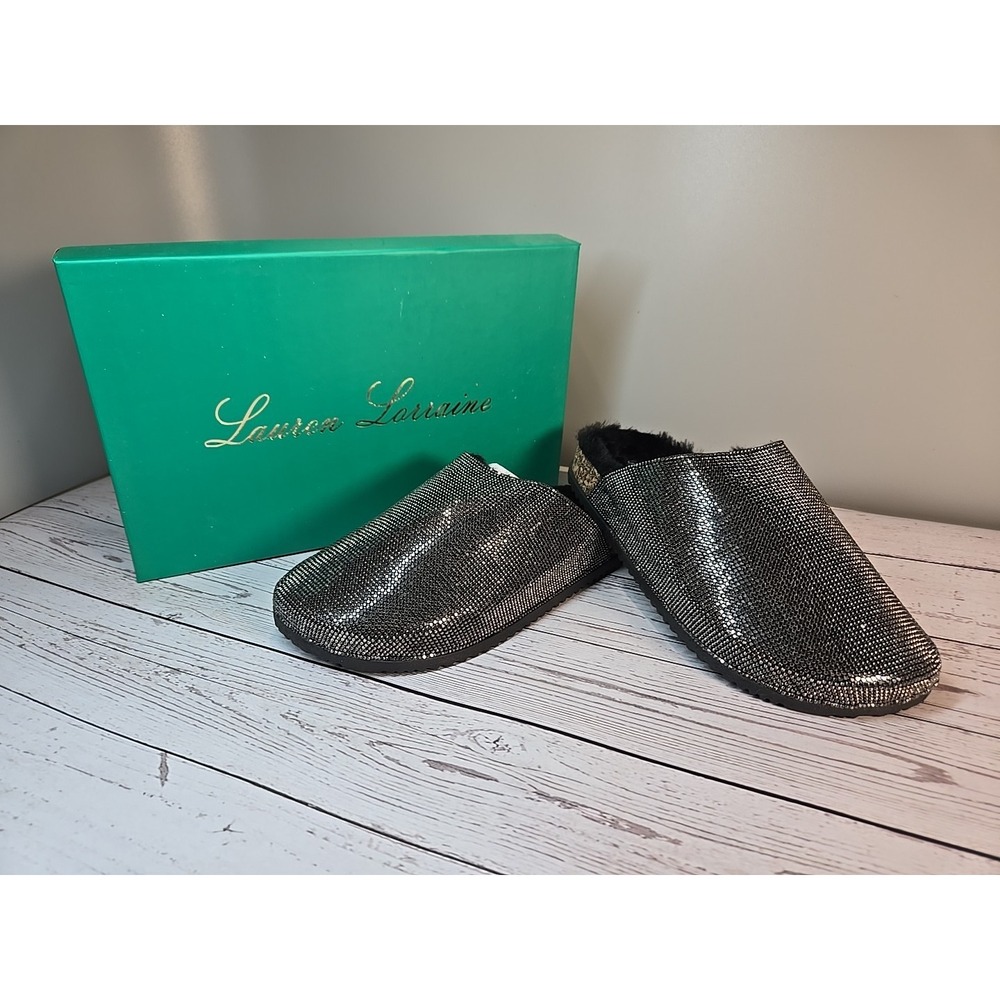 Lauren Lorraine Lizzy Black Pewter Rhinestone Clog Mule Faux Fur Cork Women Sz 6